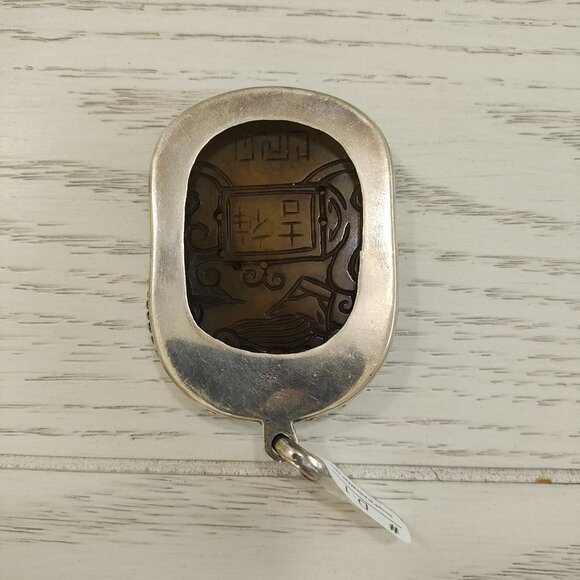 Semi Translucent Asian Carved Jade and Sterling Silver Pendant Charm 66g - Picture 5 of 8